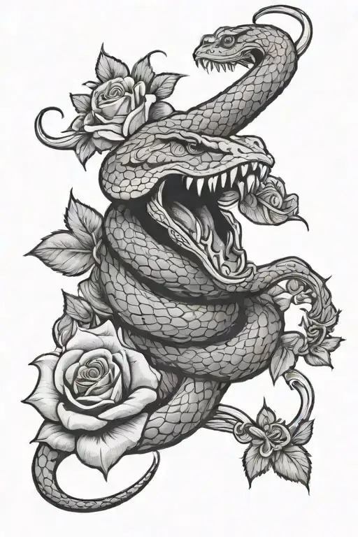 open mouth  snake with roses in background   tattoo design idea