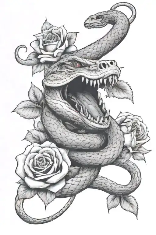 open mouth  snake with roses in background   tattoo design idea
