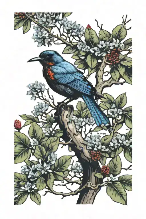 tui bird perched in pohutukawa tree branch, surouned by flax and a beach scenary tattoo design idea