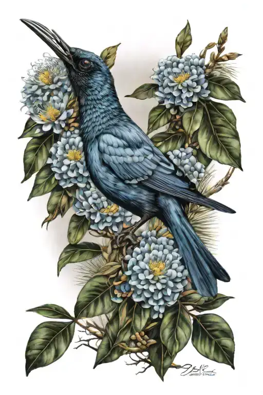 tui bird in pohutukawa tree surounded by flax, beach and waves tattoo design idea