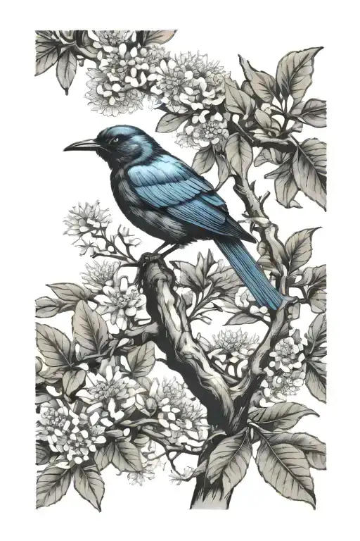 tui bird perched in pohutukawa tree branch, surouned by flax and a beach scenary tattoo design idea