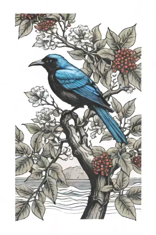 tui bird perched in pohutukawa tree branch, surouned by beach and waves scenary tattoo design idea