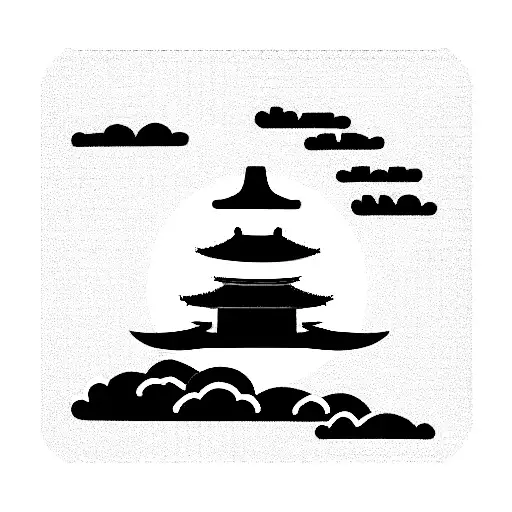 japanese temple with clouds tattoo design idea