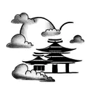 japanese temple with clouds tattoo design idea