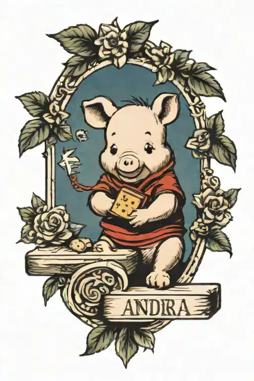 baby piglet from Winnie-the-Pooh with kids blocks the name Andrea inside the blocks tattoo design idea