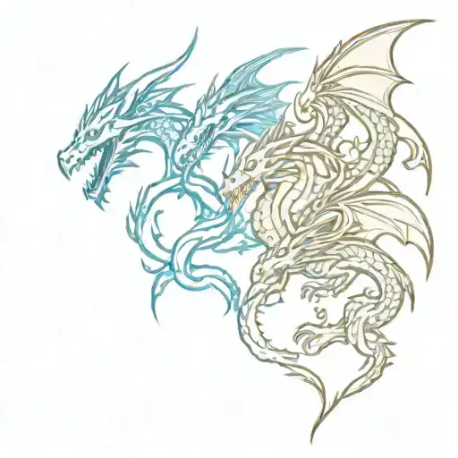 three small dragon silhouettes, one dragon shoots blue flames, two dragons are okutony them, no details, no background,  tattoo design idea