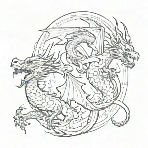 three small silhouettes of a dragon flying around a flame, no detail, no background, general plan, tattoo style tattoo design idea