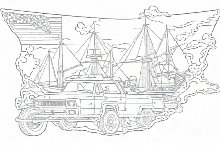 Maryland state outline with jeep, eagle globe and anchor, Harley bagger inside tattoo design idea