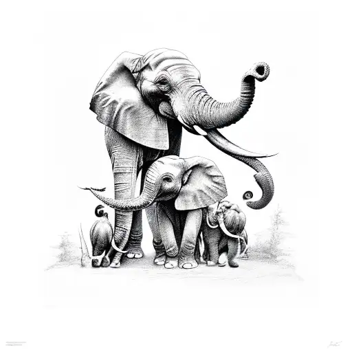 family of 5 elephants  tattoo design idea