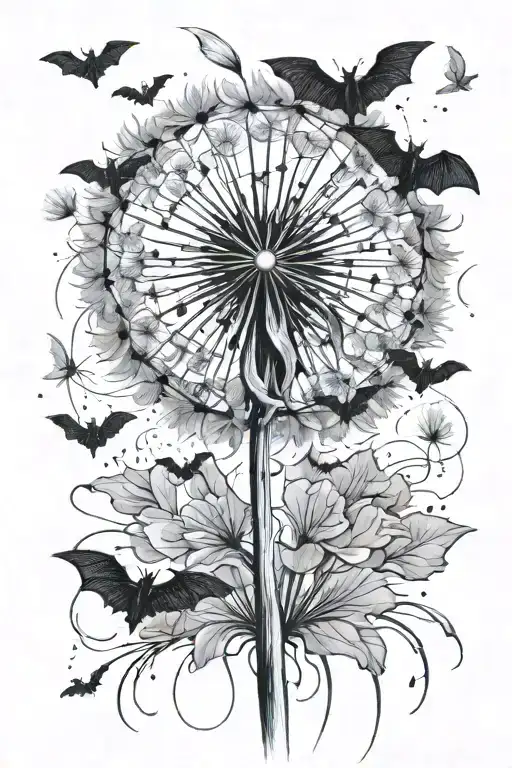 dandelion with the pedals blowing in the wind, turning into bats tattoo design idea