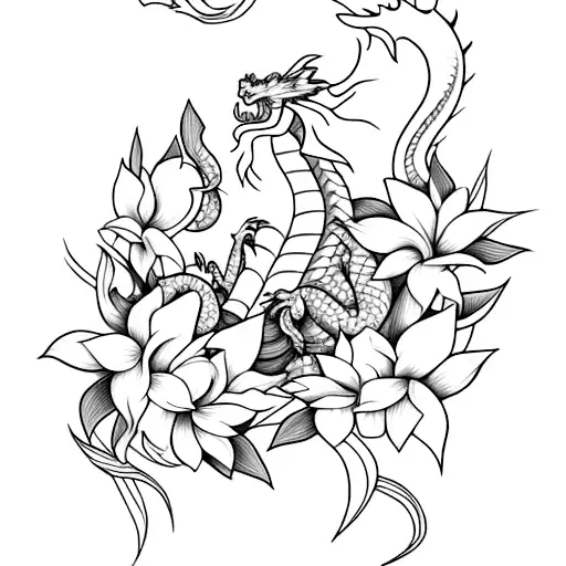 Dragon surrounded by a bouquet of magnolias. Light shading, black and white tattoo design idea