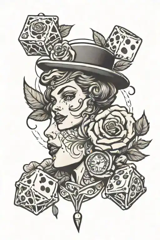 at the top is a woman’s head and 2 roses, below is a man’s head and a gun, below is a girl’s head and dice tattoo design idea