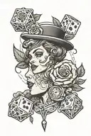 at the top is a woman’s head and 2 roses, below is a man’s head and a gun, below is a girl’s head and dice tattoo design idea