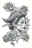 at the top is a woman’s head and 2 roses, below is a man’s head and a gun, below is a girl’s head and dice tattoo design idea