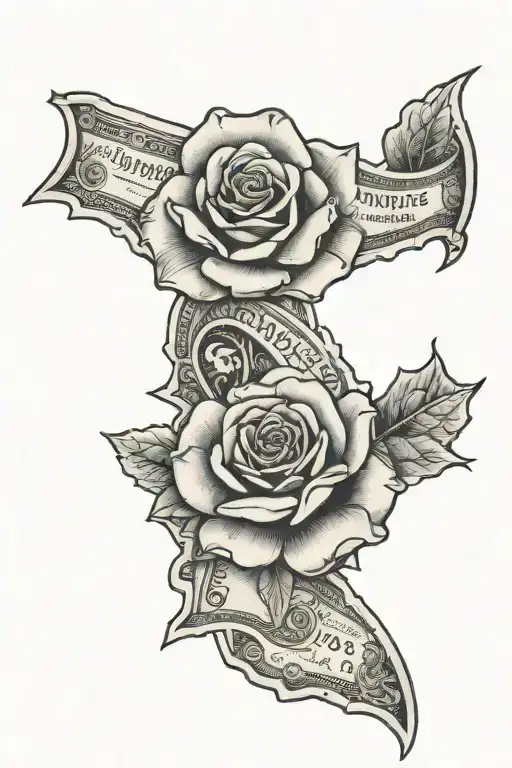100 dollar bill rose tattoo design idea