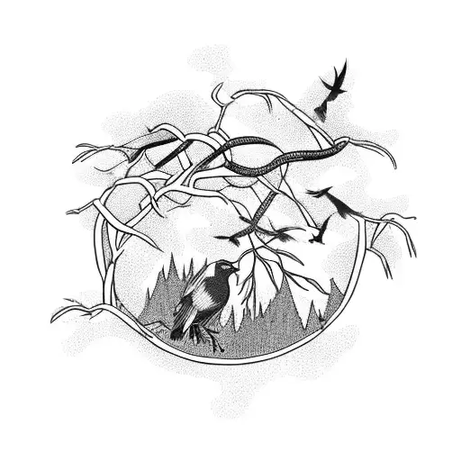 A basketball hoop made of intertwined branches with crows perched on it tattoo design idea