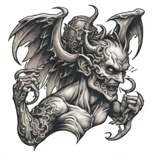 Michael striking down devil half angel tattoo design idea