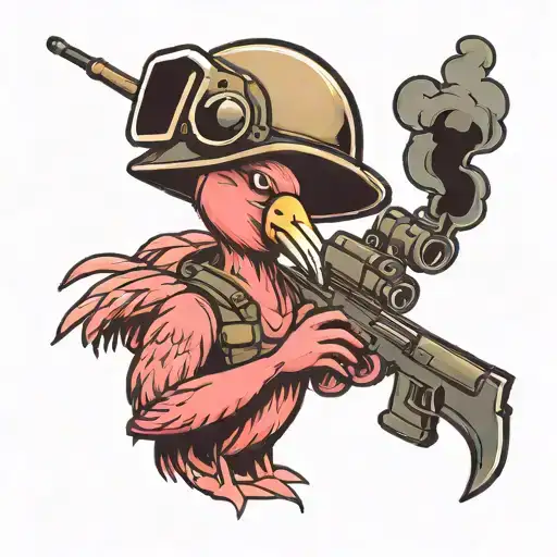 cartoon flamingo wearing a combat helmet and smoking a cigarette holding a javeling missile and stinger missile  tattoo design idea