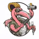 cartoon flamingo wearing a combat helmet and smoking a cigarette holding a javeling missile and stinger missile  tattoo design idea