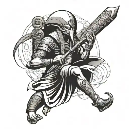 A tattoo of Thoth the Egyptian god holding a scroll with ancient symbols tattoo design idea