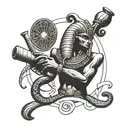 A tattoo of Thoth the Egyptian god holding a scroll with ancient symbols tattoo design idea