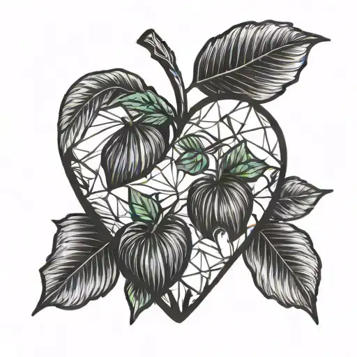Black apple in the shape of a heart with three leaves tattoo design idea