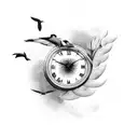 birds flying out of the clock tattoo design idea