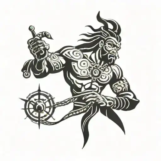 An abstract tattoo design representing the harmony between martial arts, stoicism, and competitiveness, with subtle references to Lord Shiva and Hanuman tattoo design idea
