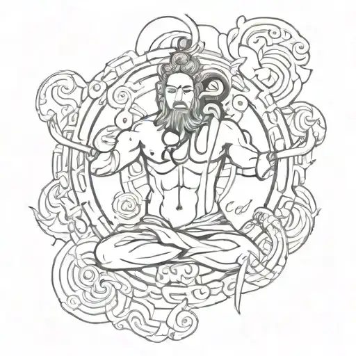 An abstract tattoo design representing the harmony between martial arts, stoicism, and competitiveness, with subtle references to Lord Shiva and Hanuman tattoo design idea
