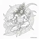 An abstract tattoo design representing the harmony between martial arts, stoicism, and competitiveness, with subtle references to Lord Shiva and Hanuman tattoo design idea
