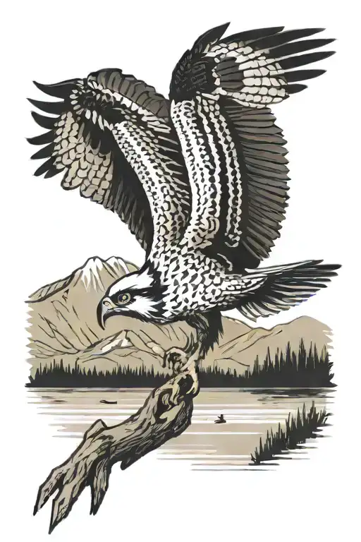 osprey bird flying over lake with mountains having just caught a fish in his talons and returning to his nest and mate tattoo design idea