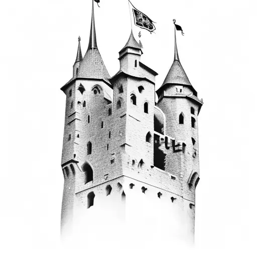 single two dimensional medieval tower with three smaller towers on top of it in the style of a tattoo with shading tattoo design idea