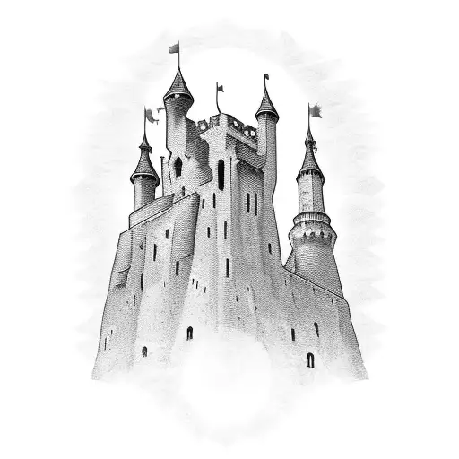 single two dimensional medieval tower with three smaller towers on top of it in the style of a tattoo with shading tattoo design idea