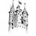 single two dimensional medieval tower with three smaller towers on top of it in the style of a tattoo with shading tattoo design idea