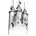 single two dimensional medieval tower with three smaller towers on top of it in the style of a tattoo with shading tattoo design idea