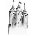 single two dimensional medieval tower with three smaller towers on top of it in the style of a tattoo with shading tattoo design idea