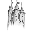 single two dimensional medieval tower with three smaller towers on top of it in the style of a tattoo with shading tattoo design idea