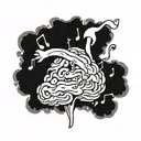 A tattoo of a brain with musical notes and poetic lines flowing out of it, symbolizing the connection between psychology, music, and poetry tattoo design idea