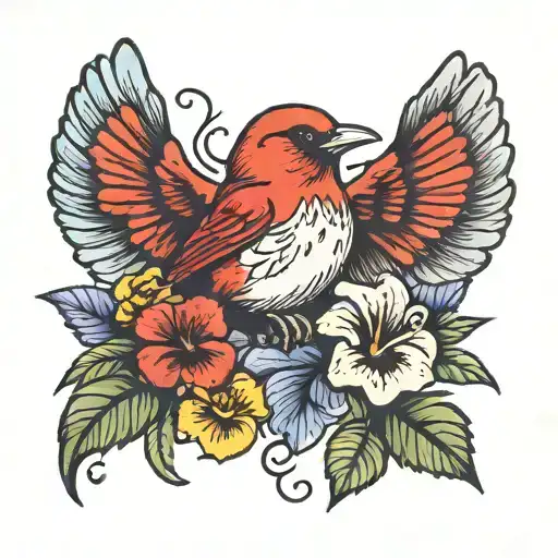 little red bird and pansy flowers tattoo design idea