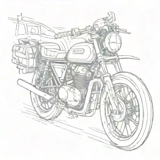 Sketch-style tattoo of a cafe racer motorcycle with a vintage film camera strapped to the back tattoo design idea