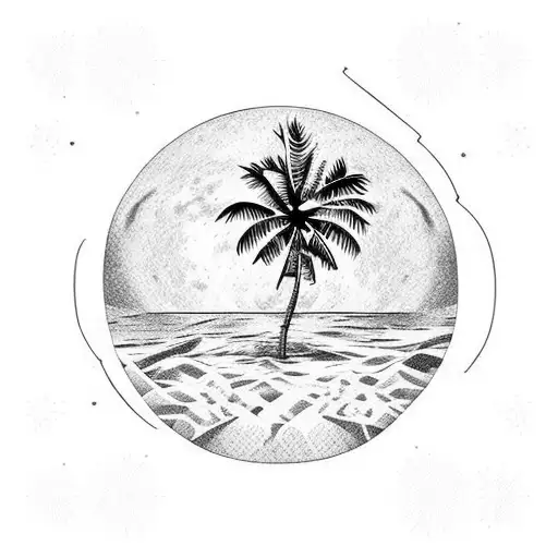 Palm Tree, Beach, Astronaut, moon rise tattoo design idea