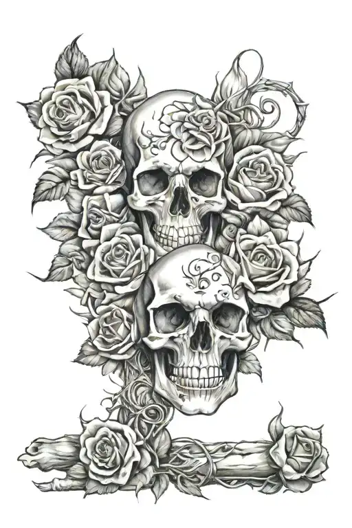 full sleeve arm tattoo, hell, roses, skull, fire tattoo design idea