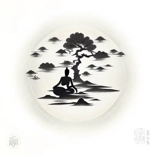 A tranquil meditation scene with a silhouette of a person sitting under a Bodhi tree tattoo design idea