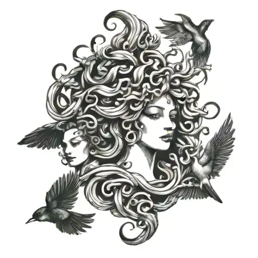 medusa with two swallows and one angel tattoo design idea