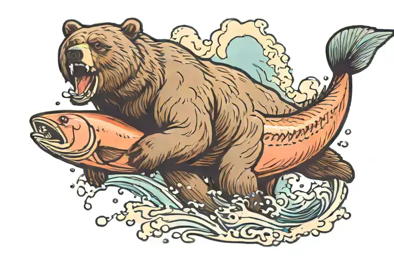 Bear eating a salmon jumping tattoo design idea