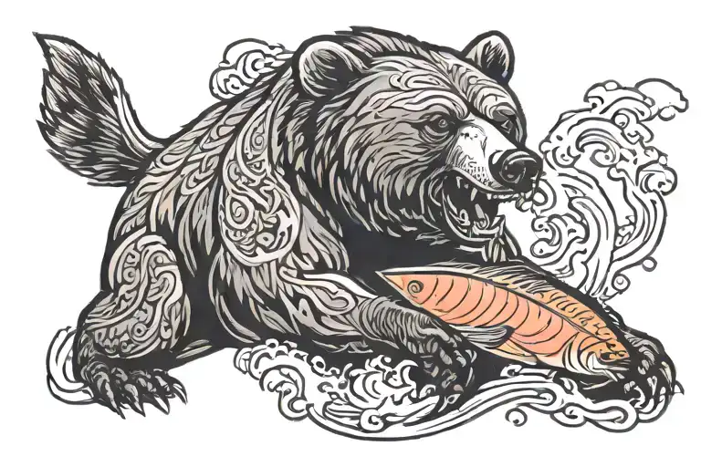 Bear eating a salmon tattoo design idea