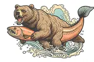 Bear eating a salmon jumping tattoo design idea