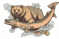 Bear eating a salmon jumping tattoo design idea