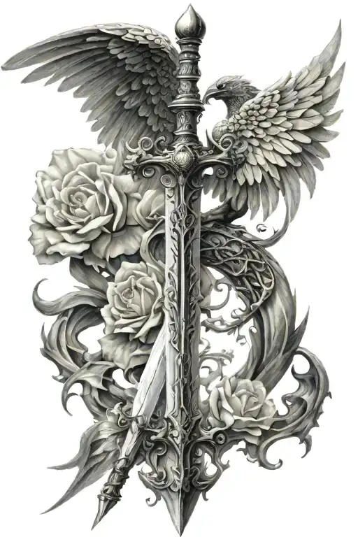 sword with demon wing on the left and an angel wing on the right tattoo design idea