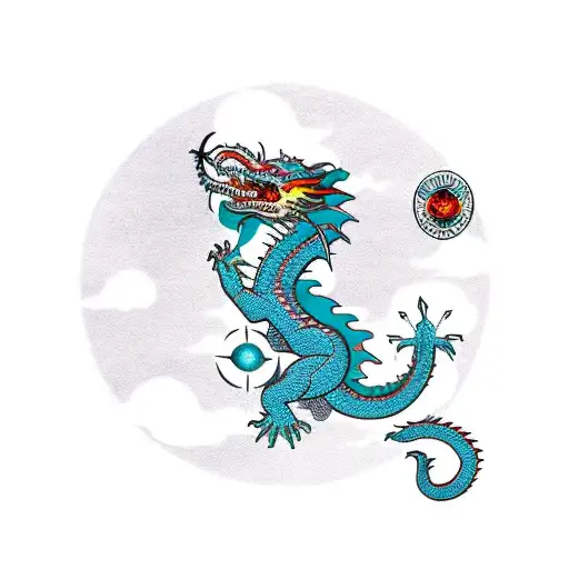 Taiwanase dragon around compass with clouds and chinese letters in background tattoo design idea